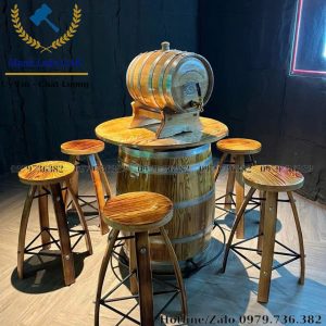 Bộ bàn ghế gỗ thùng gỗ sồi sử dụng tại quán bar, hầm rượu
